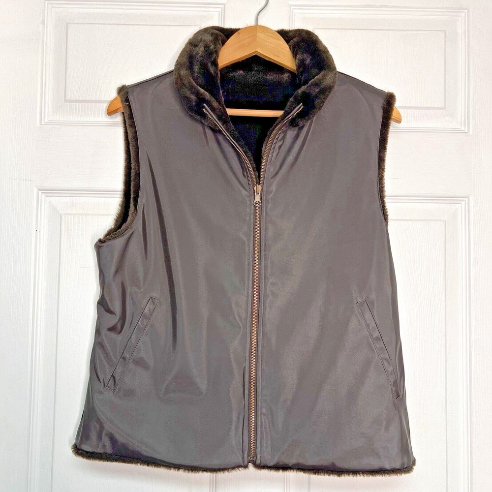 VTG Blassport Womens M Brown Reversible Vest Faux Fur Full Zip Mock Neck Classic - Picture 6 of 12